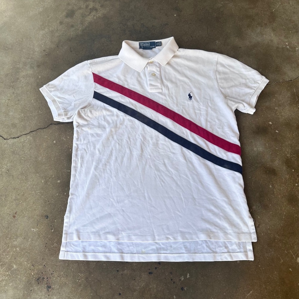 Polo Ralph Lauren Polo Shirt Mens L White Good Custom Fit Diagonal Stripe Pony